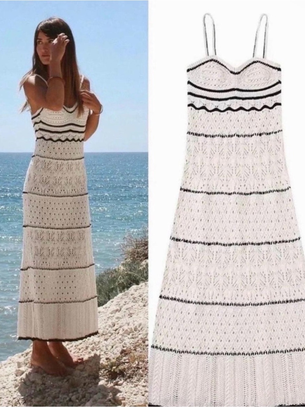 Lucky Brand Cream Crochet Maxi Dress with Black Trim